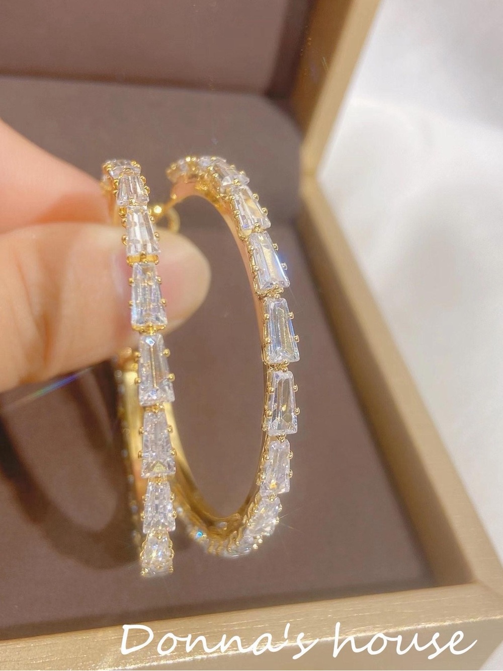Donna's House Gold Hoop Earrings with Clear Baguette Stones